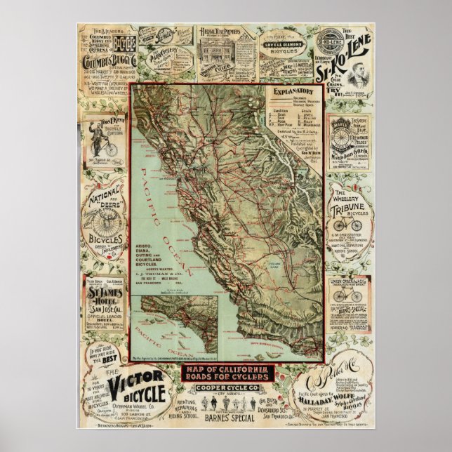 Póster "Carreteras de California para ciclistas" (1896) ( (Frente)
