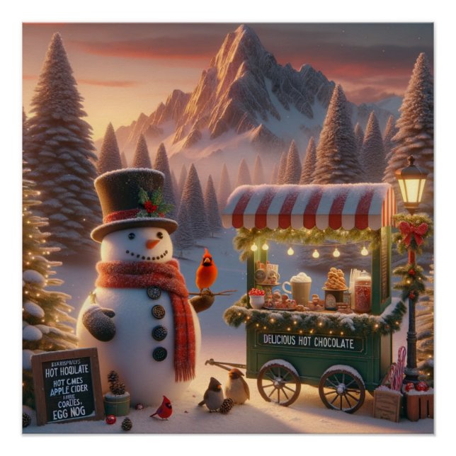 Póster Carrito de Chocolate Caliente del Muñeco de Nieve  (Anverso)