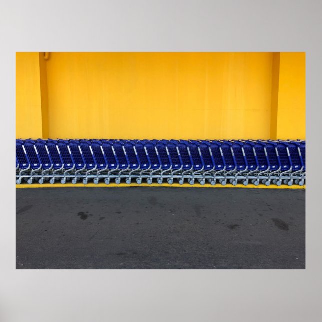 Póster Carritos de compras azules organizados (Frente)