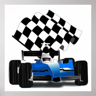 Póster Carro de raza azul con bandera verificada
