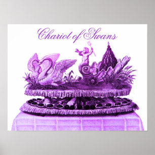 PÓSTER CARROZA ANTIGUA DE CISNES Y CUPCAKES DE COLOR PURP