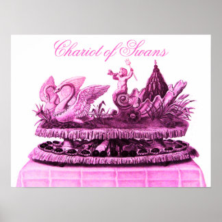 PÓSTER CARROZA ROSA ANTIGUA DE CISNES Y CUPCAKES