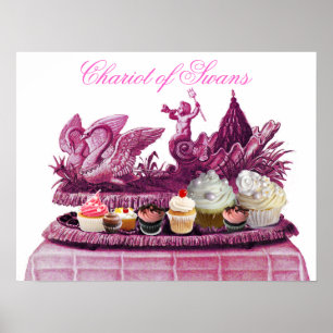 PÓSTER CARROZA ROSA ANTIGUA DE CISNES Y CUPCAKES