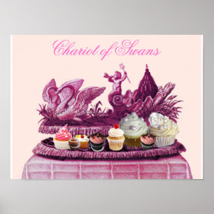 PÓSTER CARROZA ROSA ANTIGUA DE CISNES Y PASTELITOS