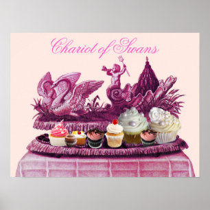 PÓSTER CARROZA ROSA ANTIGUA DE CISNES Y PASTELITOS