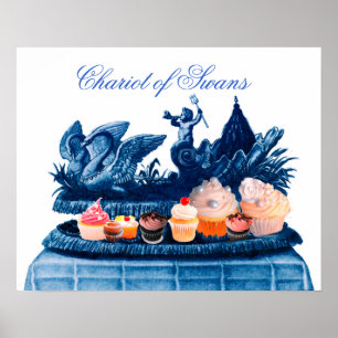PÓSTER CARROZA ROSA ANTIGUA DE CISNES Y PASTELITOS