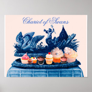 PÓSTER CARROZA ROSA ANTIGUA DE CISNES Y PASTELITOS