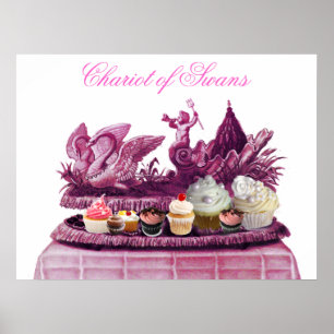 PÓSTER CARROZA ROSA ANTIGUA DE CISNES Y PASTELITOS