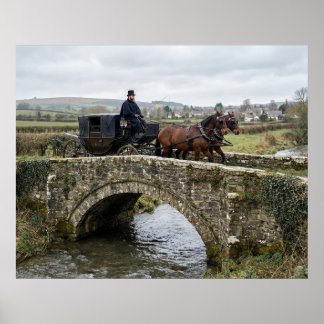 Póster Carruaje Tirado por Caballos en un Puente de Piedr