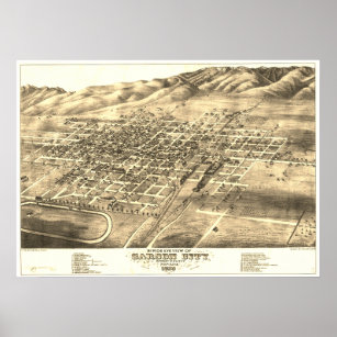 Póster Carson City, NV circa 1875 Mapa "Ojo de pájaro"