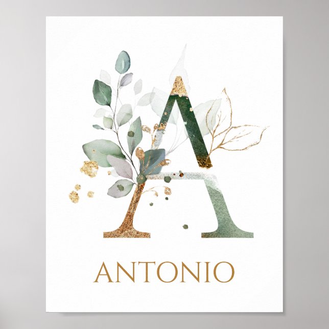 Póster Carta A Monograma Nursera de follaje verde y oro (Frente)