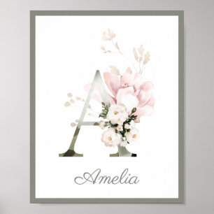 Póster Carta A Monograma Rosas de Peonía Rosa Poster de e