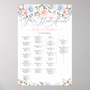 Póster Carta de Asientos con Rosas Rosadas y Azules Polvo