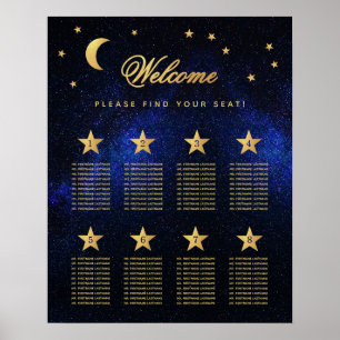 Póster Carta de Asientos de Boda Celestial Azul Dorado de