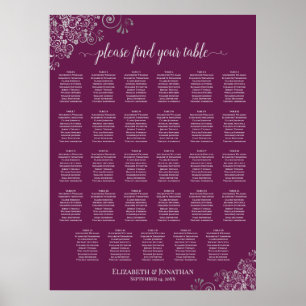 Póster Carta de Asientos de Boda Mesa 29 Ciruela Magenta