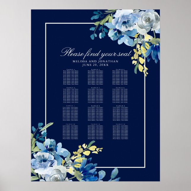 Póster Carta de asientos de Boda moderno con flores azule (Frente)