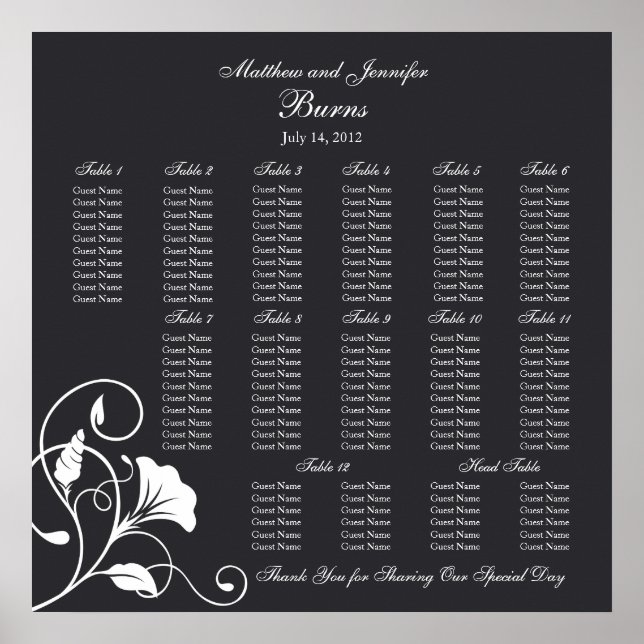Póster Carta de asientos de recepción de la boda cuadrada (Frente)