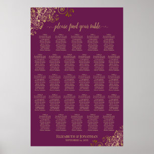 Póster Carta de Asientos Magenta Ciruela & Oro de 28 Mesa