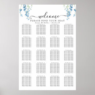 Póster Carta de asientos modernos de Boda floral azul fra
