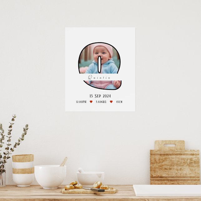 Póster Carta de bebé personalizada Q con Poster de borde (Cocina)