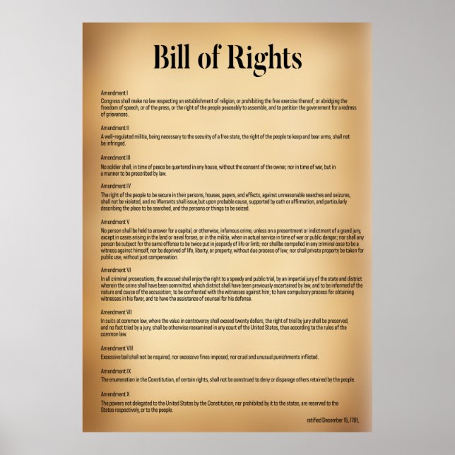 Póster Carta de Derechos Constitución de los Estados Unid (Frente)