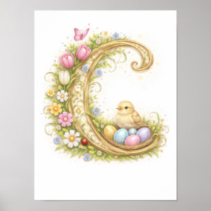 Póster Carta de Guardería C Pollito Bebé Inicial Floral D