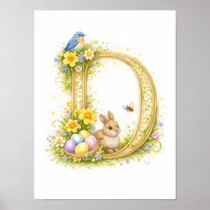 Póster Carta de Guardería D Conejo Bebé Inicial Floral Do
