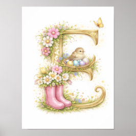 Póster Carta de Guardería E Pájaro Bebé Inicial Floral Do