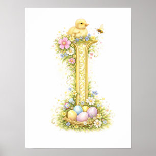 Póster Carta de Guardería I Patito Inicial Floral Dorado