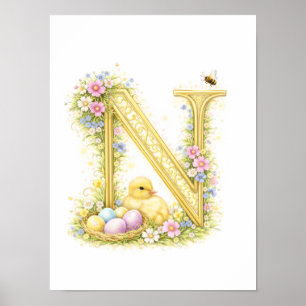 Póster Carta de Guardería N Patito Inicial Floral Dorado