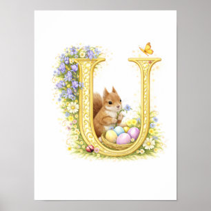 Póster Carta de Guardería U Ardilla Bebé Inicial Floral D