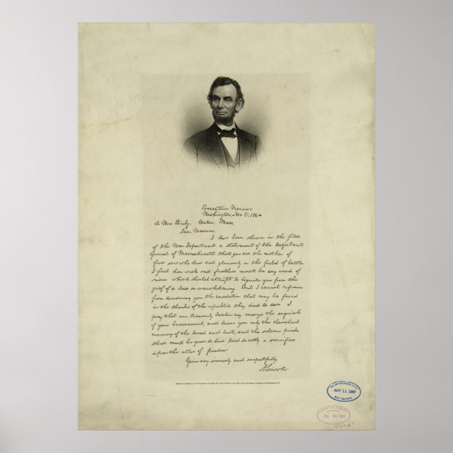 Póster Carta de guerra civil de Abraham Lincoln a la Sra. (Frente)