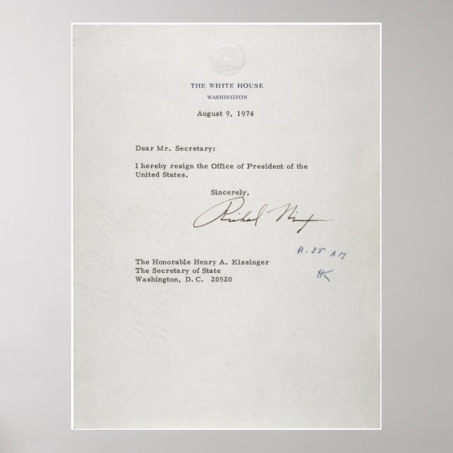Póster Carta de renuncia del presidente Richard M. Nixon (Frente)