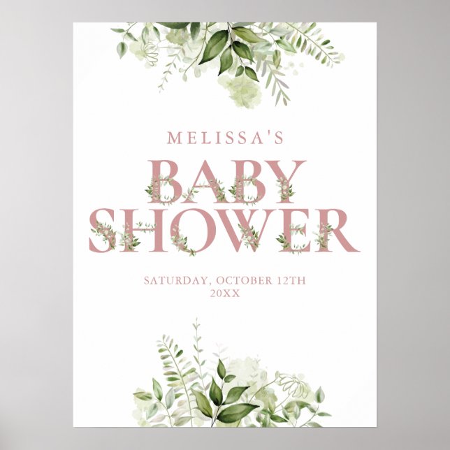 Póster Carta de verde Rosa polvorienta Rótulo Baby Shower (Frente)