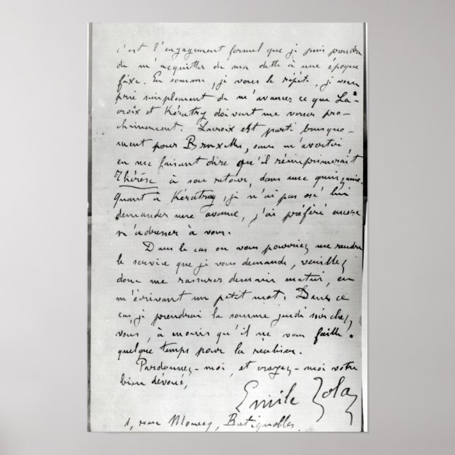 Póster Carta de Zola a Edouard Manet 1868 (Frente)