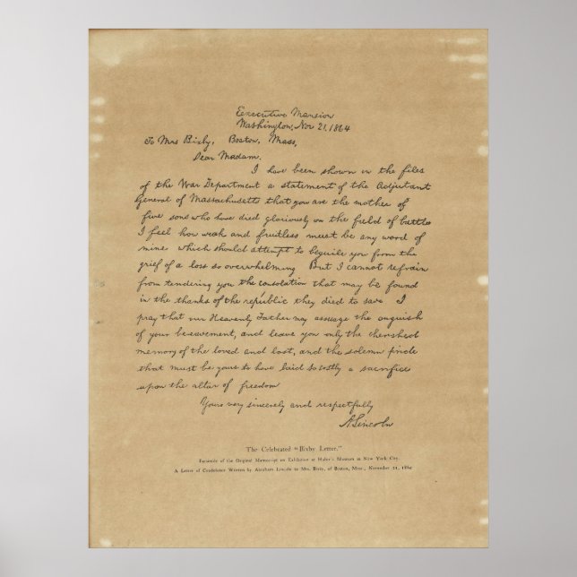 Póster Carta del Presidente Abraham Lincoln a la Sra. Bix (Frente)