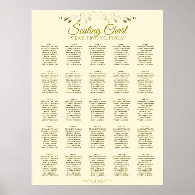 Póster Carta elegante del asiento de la boda de la crema (Frente)