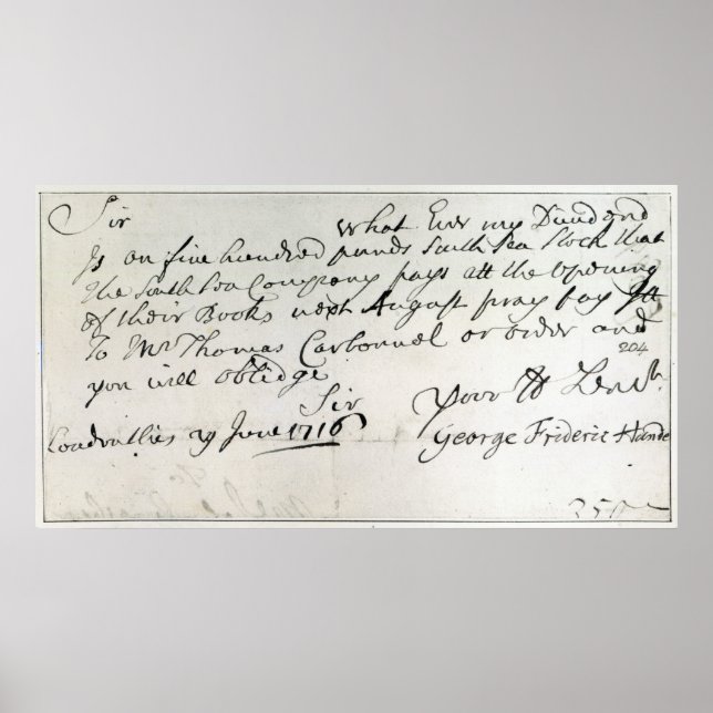 Póster Carta escrita por Handel, junio de 1716 (Frente)