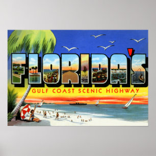 Póster Carta grande de la carretera del Golfo de Florida