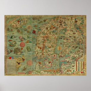 Póster Carta Mapa de Escandinavia de Olaus Magnus