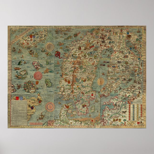 Póster Carta Mapa de Escandinavia de Olaus Magnus (Frente)