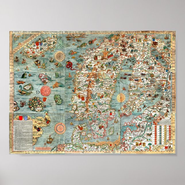 Póster Carta Marina, mapa de Escandinavia (Frente)