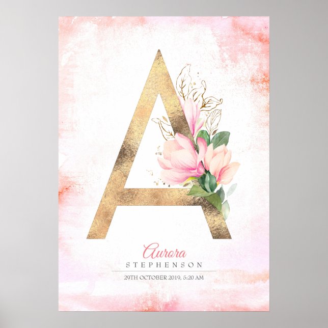 Póster Carta Monograma Oro Salta Floral De Magnolia Rosa (Frente)