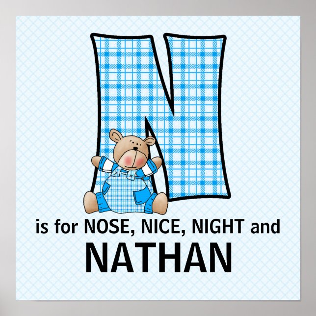 Póster Carta Monogramada De Oso Azul N Habitación De Bebé (Frente)