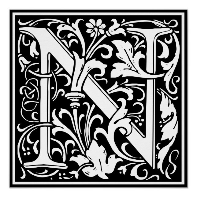 Póster Carta N Monograma medieval Art Nouveau (Anverso)