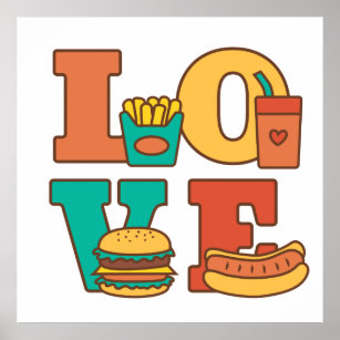 Póster Cartas coloridas adoran la hamburguesa de comida b