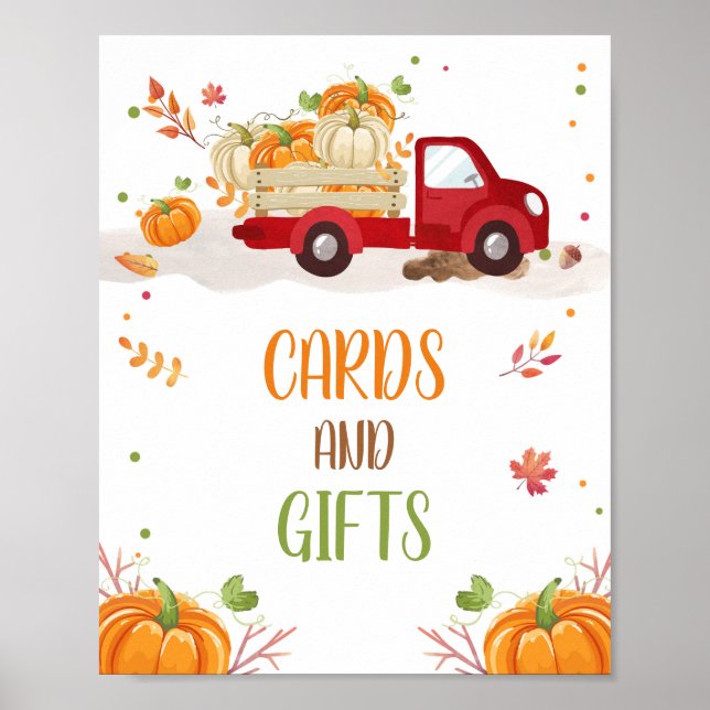 Póster Cartas de camionetas rojas de calabaza de otoño y  (Frente)