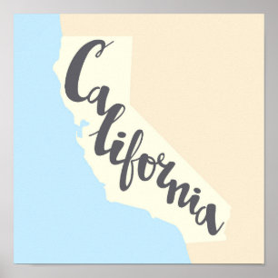 Póster Cartas de pincel de California con mapa de silueta