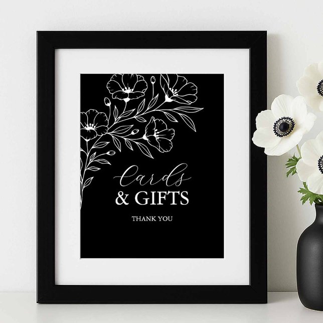 Póster Cartas y regalos de la boda blanca y negra (black and white wedding signs cards and gifts floral line art Victoria Grigaliunas of Tell A Belle)