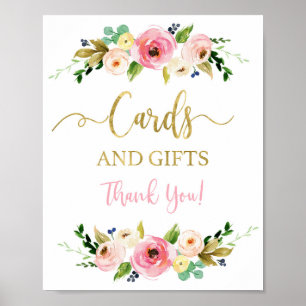 Póster Cartas y regalos de señalización floral rosa y dor